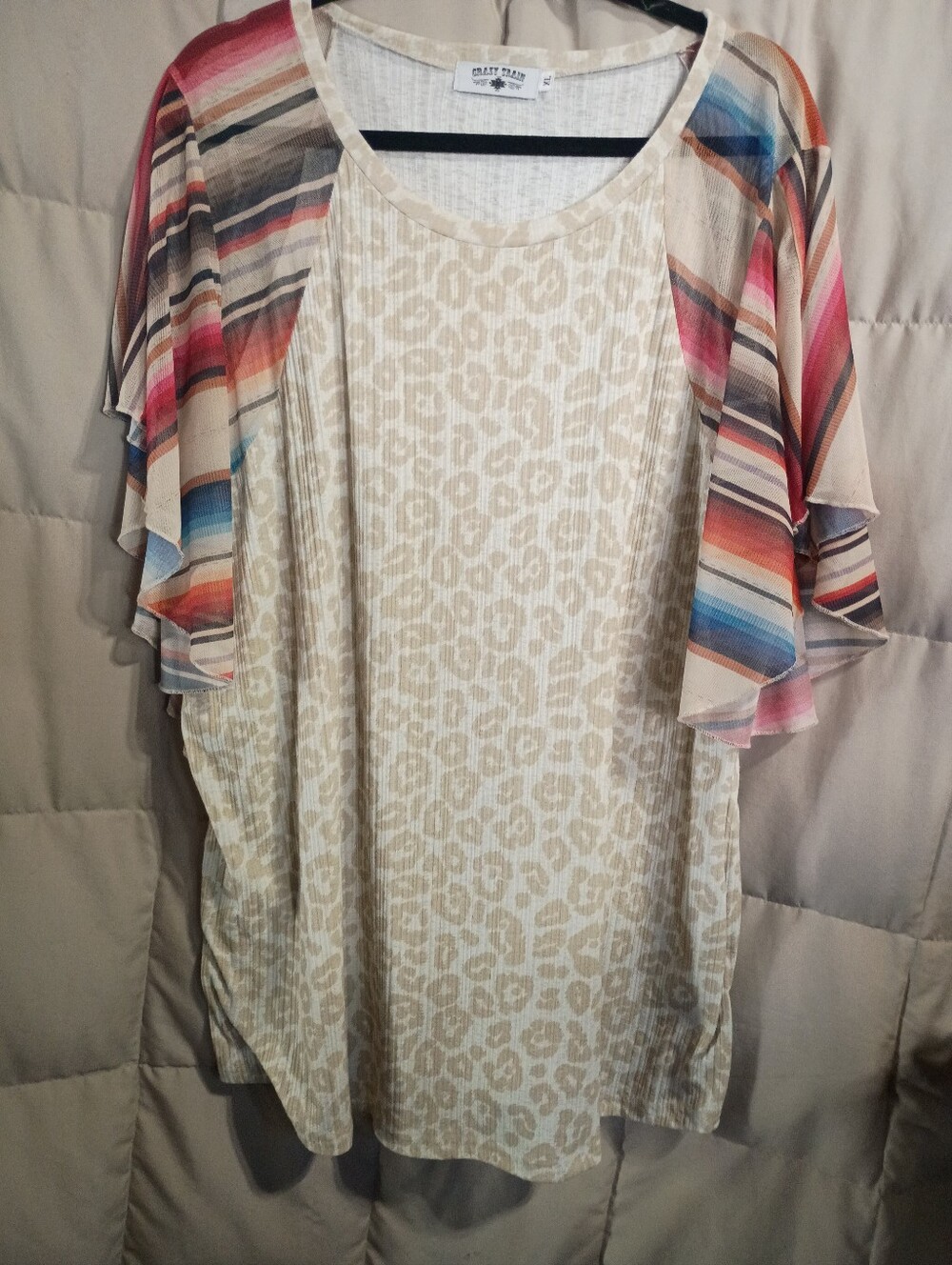 Crazy Train Cream Leopard Top with Multicolor Striped Flutter Sleeves